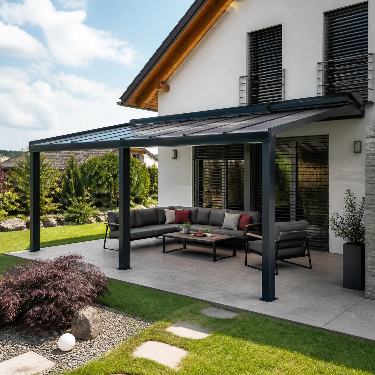 Vizualizácia · Pergola s polykarbonátovou strechou pri dome