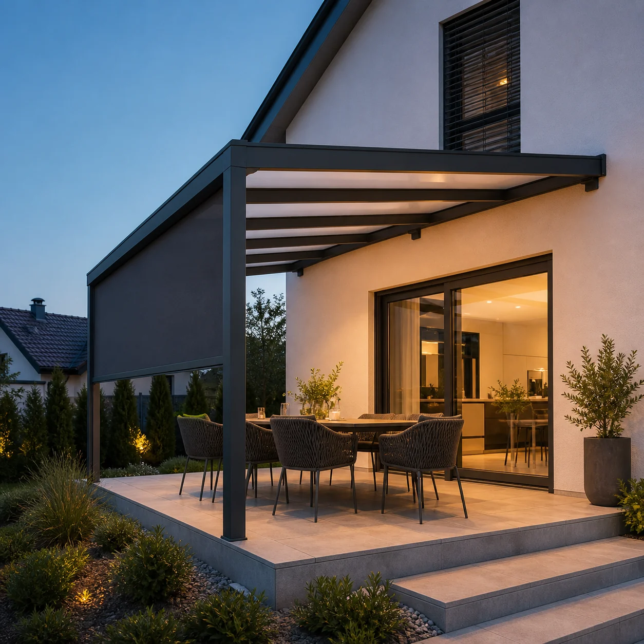 Vizualizácia · Pergola s bočným tienením a osvetlením